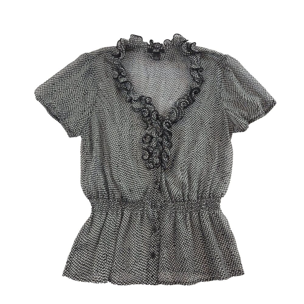 Vintage Y2K AGB Sheer Ruffle Polka dot Smocked Shirt L Black White FLAW Festival